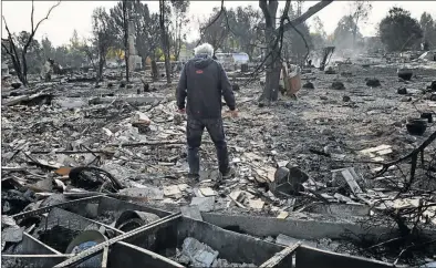  ?? Picture: AFP ?? FIRE’S AFTERMATH: Homeowner Phil Rush looks at the remains of his home destroyed by wildfire in Santa Rosa, California. Rush said he and his wife and dog escaped with only their medication and a bag of dog food when flames overtook their entire...