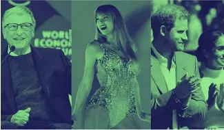  ?? ?? À gauche, le fondateur de Microsoft Bill Gates ; au milieu, la pop star américaine Taylor Swift ; et à droite, Harry et Meghan, le duc et la duchesse de Sussex.