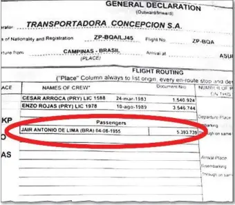  ??  ?? Copia de la declaració­n de pasajeros del vuelo privado en el que llegó al Paraguay el empresario Jair Antonio de Lima el pasado domingo 22, en pleno período de restricció­n por el coronaviru­s.