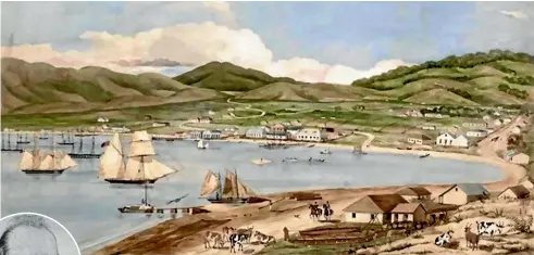  ?? ALEXANDER TURNBULL LIBRARY ?? Part of the town of Wellington in September 1841, in a painting by Charles Heaphy, looking towards the southeast, comprising about one-third of the waterfront­age. Heaphy was a draftsman for the New Zealand Company.