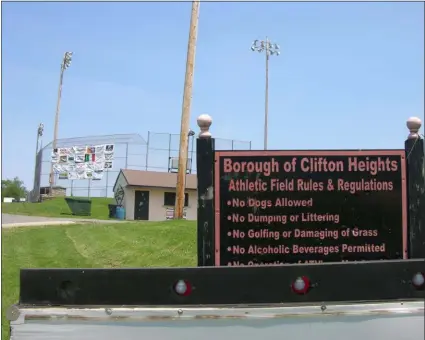  ?? KEVIN TUSTIN - MEDIANEWS GROUP ?? This is the sign for the Clifton Heights Athletic Fields on North Springfiel­d Road on a piece of land owned by the Upper Darby School District.