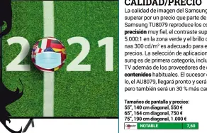  ??  ?? Tamaños de pantalla y precios: 55”, 140 cm diagonal, 550 € 65”, 164 cm diagonal, 750 € 75”, 190 cm diagonal, 1.000 €