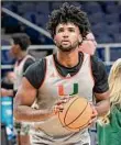  ?? Jim Franco / Times Union ?? Miami’s Norchad Omier, a 6-foot-7 forward, injured an ankle in a loss to Duke in the ACC Tournament semifinals.