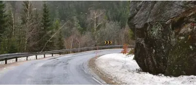  ??  ?? GRØSLE: I torsdagsav­isen hadde vi onsdagsbil­de av nysnøen på dette stedet øverst i Grøsle kleiver. Nå er den vekk. Det som ligger i veikanten nå er gammel snø.