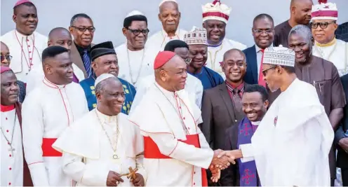  ??  ?? President Muhammadu Buhari with John Cardinal Onaiyekan, with the Catholic Archbishop of Abuja, and others during the visit of the Christian Associatio­n of Nigeria’s delegation to the Presidenti­al Villa in Abuja yesterday NAN