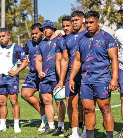  ?? Photo: Rebels ?? Melbourne Rebels forwards led by hooker Alex Mafi (right) during training.