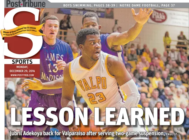  ?? | FILE PHOTO ?? Forward Jubril Adekoya got his first career start for Valparaiso last season against James Madison. The Crusaders play at James Madison on Monday night.