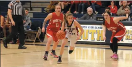  ?? DIGITIAL FIRST MEDIA FILE ?? Sacred Heart’s Eileen Piombino, pictured dribbling in last in school history Saturday to score 1,000 career points. year’s District 1 Class 2A final, became the third player