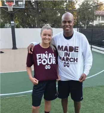  ?? (Submitted photo) ?? Mississipp­i State guard Blair Schaefer, left, and Entertainm­ent Tonight host Kevin Frazier sport MSU gear during a pickup basketball game. Schaefer interned at Entertainm­ent Tonight under Frazier during the month of May.