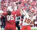  ?? ROB SCHUMACHER/THE REPUBLIC ?? Chiefs quarterbac­k Patrick Mahomes (15) throws a pass over Cardinals defensive tackle Leki Fotu (95) on Sept. 11.