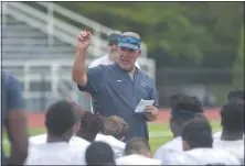  ?? PETE BANNAN – MEDIANEWS GROUP ?? Villanova football coach Mark Ferrante addresses his players last August. The Patriot League’s decision to cancel fall sports cost the Wildcats two games to start the 2020 season.