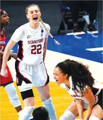  ?? AP PHOTOS/ERIC GAY ?? Stanford guard Haley Jones, left, and forward Cameron Brink celebrate after beating Arizona 54-53 in the NCAA women’s basketball championsh­ip game Sunday night at the Alamodome in San Antonio.