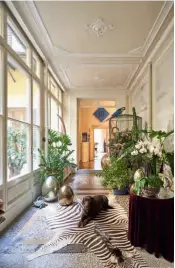  ??  ?? Begrüßung Der Eingang in die Wohnung ist mit antiken Büsten und üppigen Pflanzen wie ein Wintergart­en gestaltet. Am Ende des Korridors, ein Werk des Künstlers Paolo Scheggi.