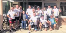  ??  ?? > Owen Williams, left, ring the bell for the start of the first 2015 Ashes Test in Cardiff and, above, meets cyclists who raised funds for StayStrong­ForOws by pedalling to Paris