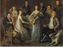  ??  ?? Concert chez les Malfatti, vers
1810. Therese au piano et Anna à la guitare sont entourées des membres de leur famille. Therese Malfatti (1792-1851), musicienne autrichien­ne, est probableme­nt celle à qui Beethoven dédia La Lettre à Élise.