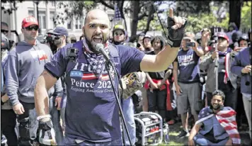  ?? MARCIO JOSE SANCHEZ / ASSOCIATED PRESS ?? Joey Gibson speaks at a free speech rally April 27 in Berkeley, Calif. Jeremy Joseph Christian is accused of stabbing two men to death after they confronted him for allegedly harassing two young women on a train in Portland, Ore.