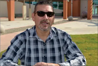  ?? RECORDER PHOTO BY ALEXIS ESPINOZA ?? Esteban “Steve” Velasquez talks about his campaign and goals for the City of Lindsay Saturday afternoon in front of the city library.