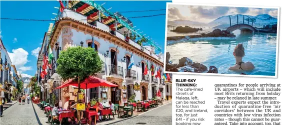  ??  ?? BLUE-SKY THINKING: The cafe-lined streets of Malaga, left, can be reached for less than
£20, and Iceland, top, for just
£41 – if you risk booking now