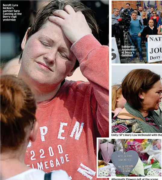  ??  ?? Bereft: Lyra McKee’s partner Sara Canning at the Derry vigil yesterday Aftermath: Flowers left at the scene