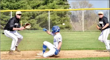  ?? PILOT PHOTO/RON HARAMIA ?? Laville’s Andrew Dill steals second base while Argos’ Dylan Kindig awaits the throw. Also in the picture is Dragons second baseman Kyle Bradley.