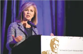  ?? STAFF FILE PHOTO BY C.B. SCHMELTER ?? United States Senate candidate Marsha Blackburn speaks during the Hamilton County Republican Party’s annual Lincoln Day Dinner at The Chattanoog­an earlier this year.