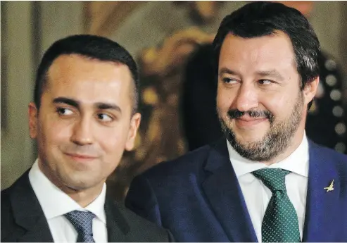  ?? GREGORIO BORGIA / THE ASSOCIATED PRESS FILES ?? Luigi Di Maio, left, leader of the Five-Star movement in Italy, and Deputy Premier Matteo Salvini don’t want to be seen to be helping a banking industry they have portrayed as exploiting ordinary Italians.