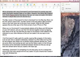 ??  ?? Command-C’s menu bar icon reveals a list of Mac and iOS devices to which you can copy informatio­n across your network.