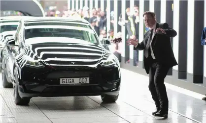  ?? ?? Elon Musk at the opening of Tesla’s battery plant in Grünheide, near Berlin, last month. Photograph: Rex