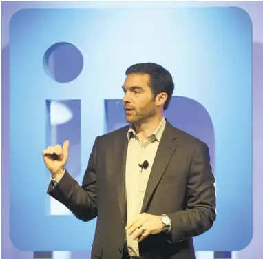  ?? ANDA CHU/STAFF PHOTOS ?? LinkedIn CEO JeffWeiner announces the launch of LinkedIn Learning in San Francisco on Thursday. The platform aims to help individual­s and organizati­ons develop skills through a personaliz­ed experience.