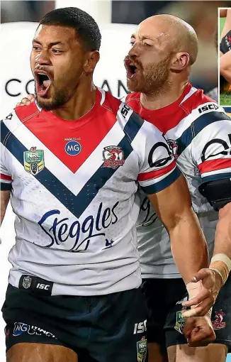  ?? GETTY IMAGES ?? Poasa Faamausili celebrates a try for the South Sydney Roosters against the Gold Coast Titans in
2018. Inset, Faamausili tackles Dylan Edwards during a match for the Junior Kiwis against the Junior Kangaroos in
2016.