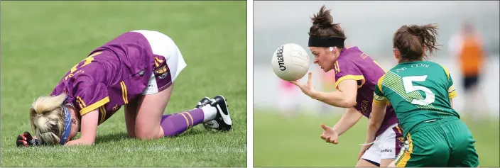  ??  ?? Dejection for Wexford’s Kellie Kearney after the final whistle. Wexford attacker Caitríona Murray taking on Emma Troy of Meath.