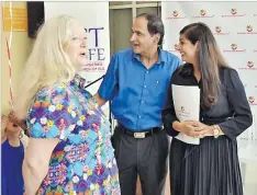  ?? Picture: RAMA ?? Permanent secretary for Health Ministry Bernadette Welch (left) with Mahendra Tappoo and Dr Krupali Tappoo during the celebratio­n.