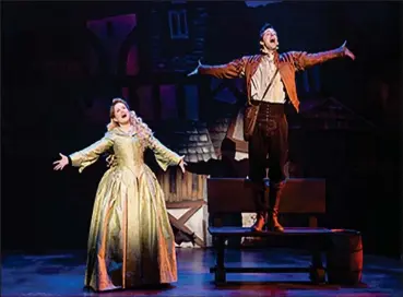  ??  ?? ABOVE: Autumn Hurlbert and Josh Grisetti in “Something Rotten,” a Broadway musical playing through Sunday at the Providence Performing Arts Center.