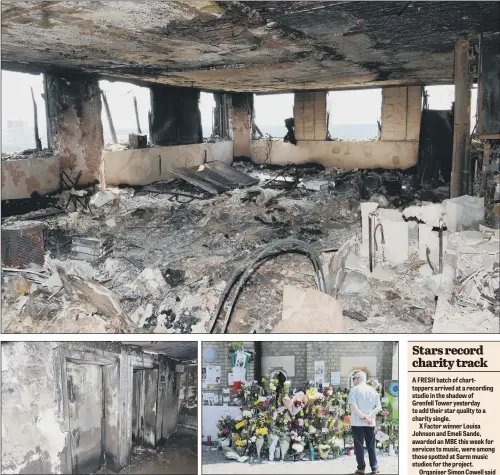  ?? PICTURES: PA WIRE. ?? HARROWING SCENE: Top, a picture issued by the Metropolit­an Police of a burnt-out flat inside Grenfell Tower in west London; above, another image of burnt out lifts shows the scale of the damage; flowers outside Notting Hill Methodist Church near...