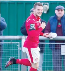  ?? PICTURE: TGSPHOTOS ?? THAT WILL DO NICELY: Harlow Town’s Alex Read celebrates opening the scoring