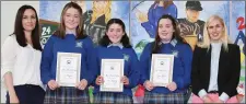  ??  ?? RIGHT: Music Award winners Laura Murphy, Melanie Butler and Olivia McCarthy pictured with their teacher Monica Flynn and guest of honour Sinead Kane.