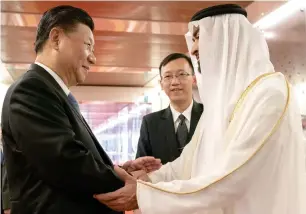  ?? Wam ?? HOPE YOU HAD A GREAT STAY HERE: His Highness Sheikh Mohamed bin Zayed Al Nahyan, Crown Prince of Abu Dhabi and Deputy Supreme Commander of the UAE Armed Forces, gave a warm farewell to Chinese President Xi Jinping in Abu Dhabi on Saturday. —