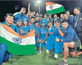  ?? PTI PHOTO ?? The victorious India Under19 cricket team led by Prithvi Shaw celebrates with the trophy.