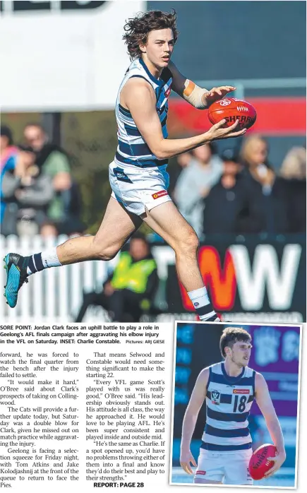  ?? Pictures: ARJ GIESE ?? SORE POINT: Jordan Clark faces an uphill battle to play a role in Geelong’s AFL finals campaign after aggravatin­g his elbow injury in the VFL on Saturday. INSET: Charlie Constable.