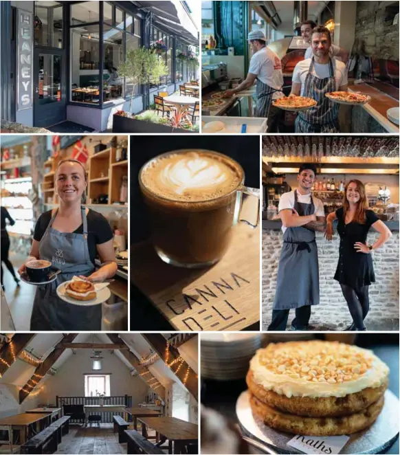  ??  ?? Clockwise from top left: Heaneys; Ffwrnes Pizza at the market; Cobbles’ Chloe Francis-Oakley; cake at Cobbles; the converted interior; Danish Brød; at Canna Deli