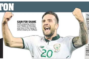  ??  ?? GAIN FOR SHANE Duffy enjoying victory over Wales on Monday and now in the mood to inflict misery on Toffees