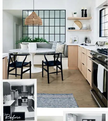  ??  ?? Before
LEFT: The banquette conceals a bulkhead to the basement stairs while an interior window acts as a safety barrier without blocking the light. Pendant, Crate and Barrel; dining table, LD Shoppe; dining chairs, Elte Mkt.