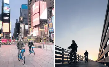  ?? AP 2020 ?? People ride bicycles last year in New York’s Times Square, left, and in Gulf State Park in Gulf Shores, Alabama, The loss of life from the pandemic isn’t going to be reflected in the U.S. population count used for divvying up congressio­nal seats among states.