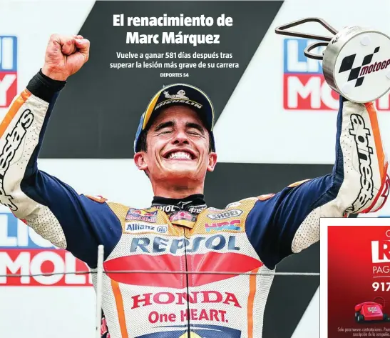  ?? EFE ?? Márquez se emocionó y cerró los ojos en el pódium tras volver a ganar una carrera