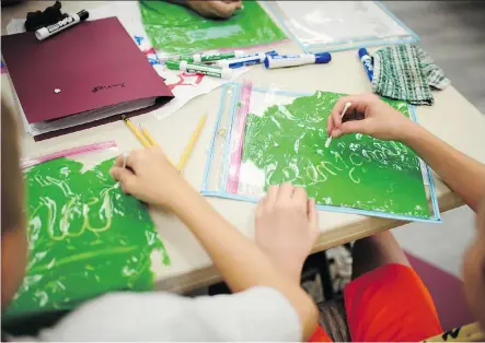  ?? PHOTOS: MONICA JORGE/THE WASHINGTON POST ?? Students at a camp dedicated to cursive writing practise their new skills on paint-filled plastic bags.