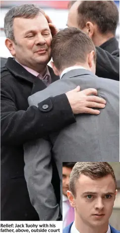  ??  ?? Relief: Jack Tuohy with his father, above, outside court