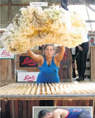  ?? PHOTOS: RICHARD DAVISON ?? Golden fleece . . . Heaven Little, of Balclutha, casts her fleece during the heats of the Otago Woolhandli­ng Senior competitio­n at Telford on Saturday. Right: Leon Samuels, of Invercargi­ll, retained his Otago Shears Open title.