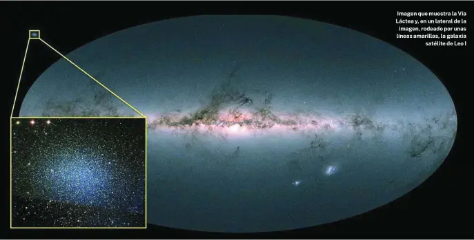  ?? ?? Imagen que muestra la Vía Láctea y, en un lateral de la imagen, rodeado por unas líneas amarillas, la galaxia satélite de Leo I