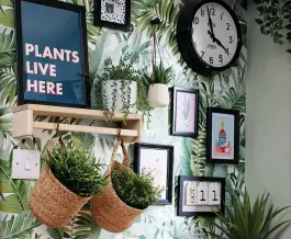  ?? ?? An IKEA Bekväm spice rack mounted upside down is ideal for hanging plants, with display space on top. ’ This wall has been changed so many times,’ says Ann-Marie, ‘but I love the look of this botanical wallpaper’