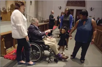  ?? MARK BURNS/OFFCE OF GEORGE H.W. BUSH/POOL VIA AP ?? Former President George H. W. Bush greets the mourners with his daughter Dorothy “Doro” Bush Koch during the visitation for former first lady Barbara Bush at St. Martin’s Episcopal Church on Friday in Houston. Barbara Bush died on Tuesday, at the age...